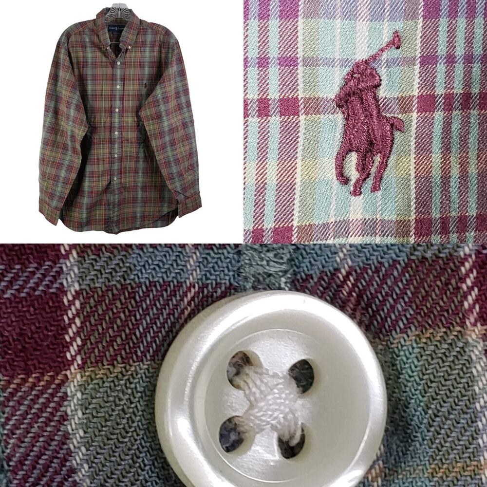 Ralph Lauren Polo Shirt Oxford Mens Large Cotton Plaid LS 16.5 Button Down Flaw